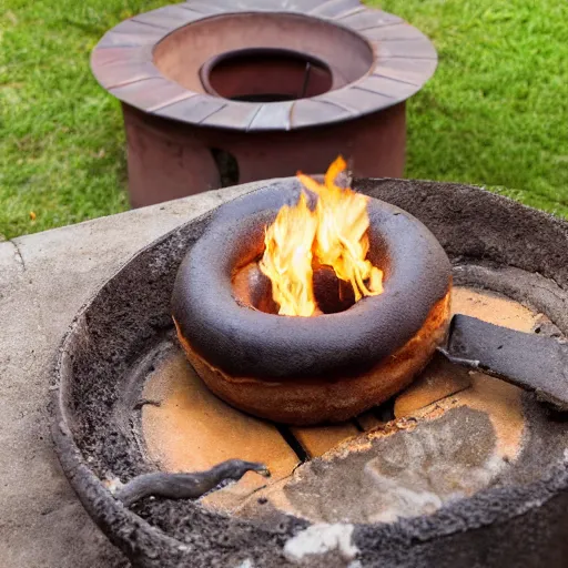 Image similar to a cat cooking a donut in a fire pit