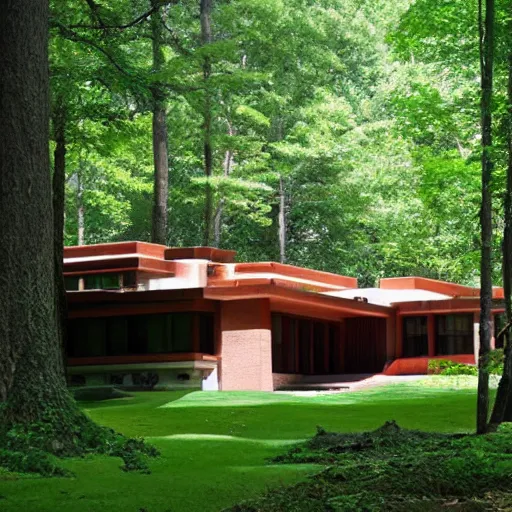 Image similar to house designed by frank lloyd wright, forest