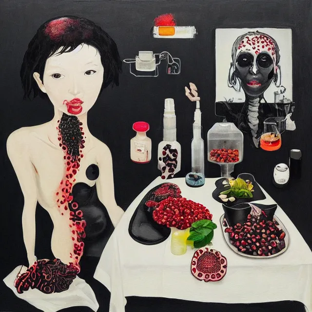 Prompt: apartment with black walls and a black japanese bed, a sensual portrait of a female pathologist holding a brain, intravenous drip, pomegranate, seaweed, organic, sensual, pancakes, berries, octopus, surgical supplies, scientific glassware, candles, berry juice drips, neo - expressionism, surrealism, acrylic and spray paint and oilstick on canvas