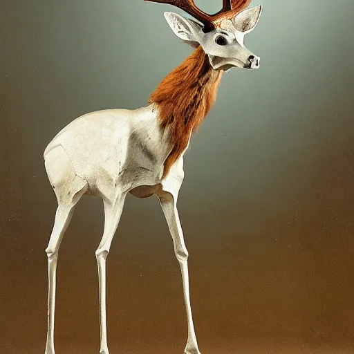 Image similar to a slender bipedal creature with a deer skull for a head and antlers