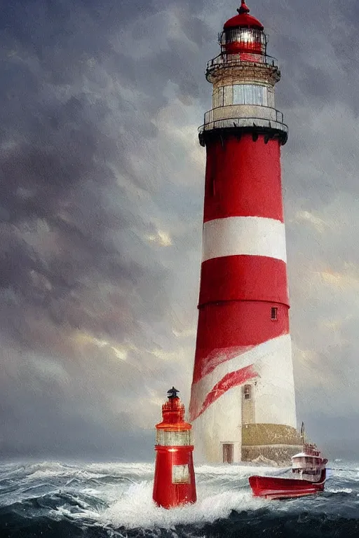 Image similar to imagine a ship in a bottle but instead of a ship a lighthouse is in the bottle, red and white lighthouse, fancy whiskey bottle, masterpiece painting by greg rutkowski