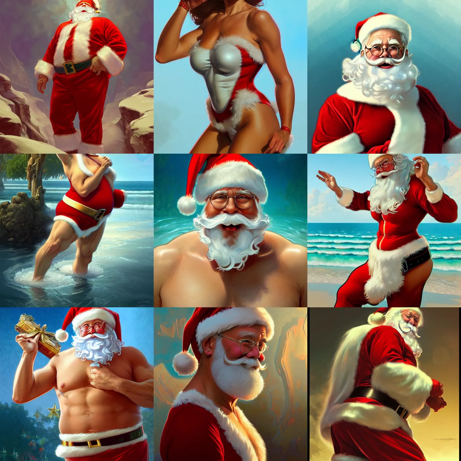 Prompt: ultra realistic illustration, wide angle, santa claus in the swim suit, intricate, elegant, highly detailed, digital painting, artstation, concept art, smooth, sharp focus, illustration, art by artgerm and greg rutkowski and alphonse mucha