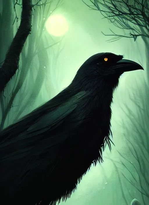 Image similar to side portrait dark crow (animal), close-up, fantasy forest landscape, moonshine, fantasy magic, nice black feather, proud, green dark light night, intricate, elegant, sharp focus, illustration, highly detailed, digital painting, concept art, matte, art by WLOP and Artgerm and Greg Rutkowski and Eddie Mendoza, masterpiece