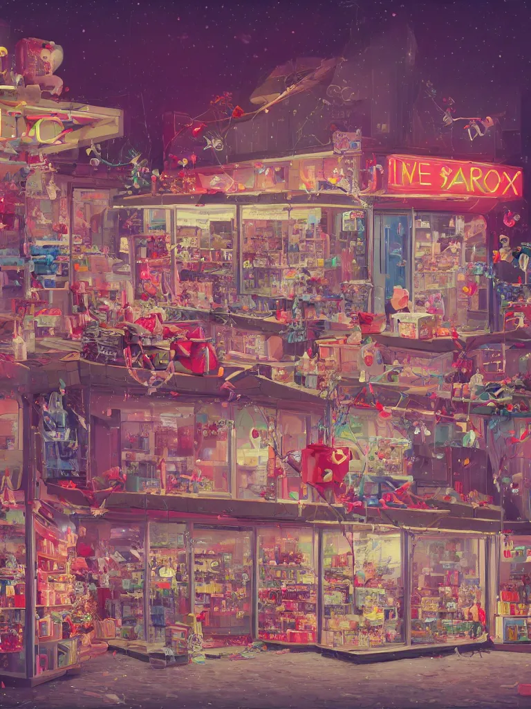 Prompt: a contemporary painting of a gift shop with many small gift boxes and presents with bows and ribbons neon signs in a painting from stalenhag 4 k 8 k hdr artstation concept art