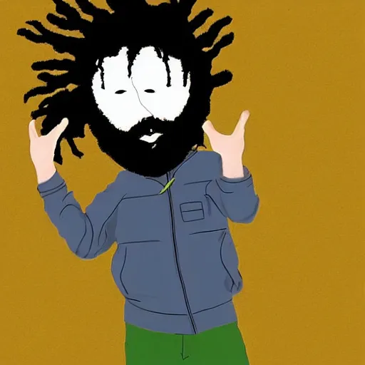 Image similar to a highly detailed painting of a boy with dreadlocks and a beard in the virtual reality of southpark, he does a lot of mischief and dances with the other members of the series