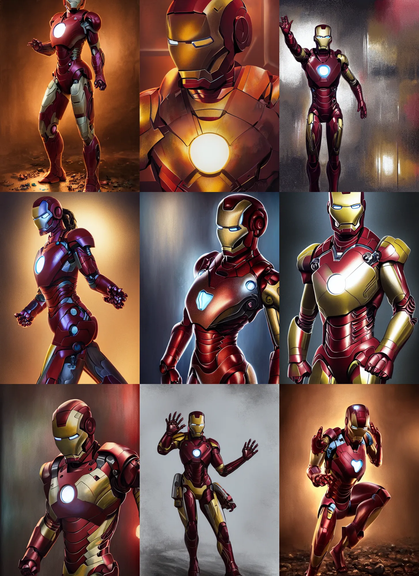 Prompt: hyper detailed ultra sharp full body matte character portrait of a woman in iron man armor standing in a destroyed dive bar doing an action pose, realistically proportioned face, photorealistic eyes, cinematic lighting, good value control, smooth, realistic shading, realistic face details, smooth, highly detailed, digital painting, painted texture maps, illustration, substance painter