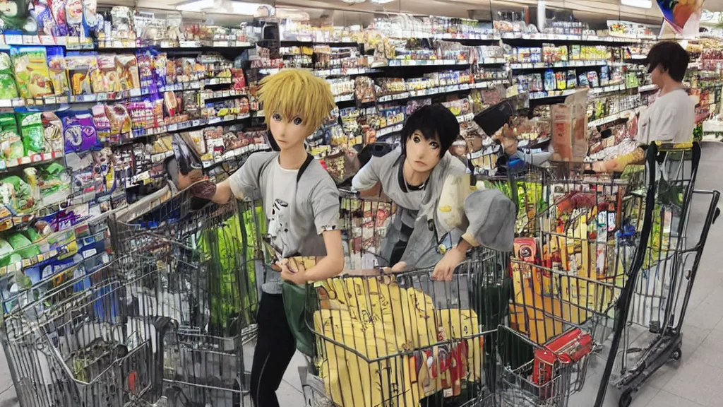 Image similar to Genos from One Punch Man pushing a shopping cart in a Japanese grocery store by Studio Ghibli! Hiyao Miyazaki