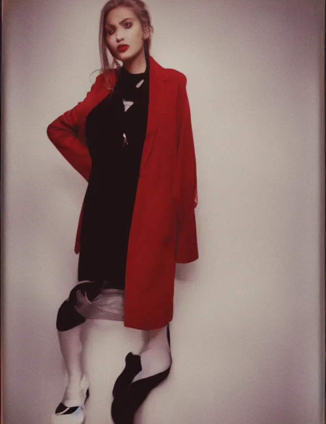 Image similar to polaroid photo with flash, non ordinary beauty female model, in a oversize blazer, polaroid photo bleached strong lights, kodak film stock, hyper real, stunning moody cinematography, with anamorphic lenses, by maripol, detailed