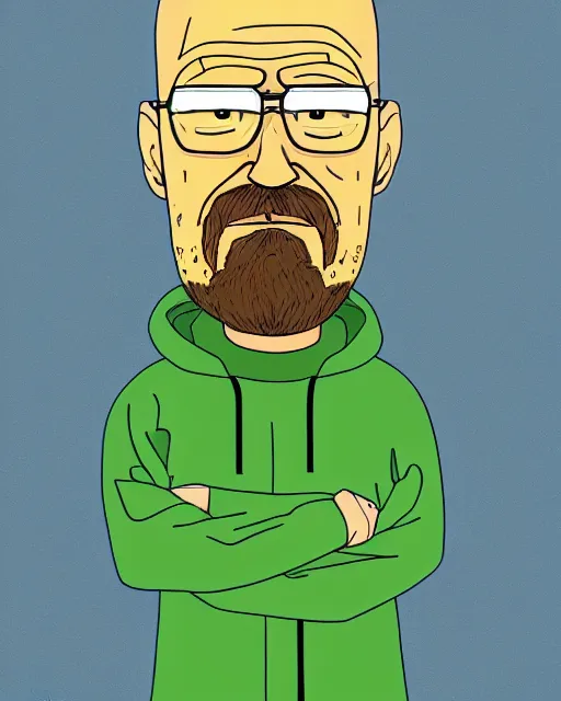 Image similar to portrait of walter white in the style of justin roiland. heisenberg from breaking bad. cinematic lighting. style of rick & morty. photographic, photography. by justin roiland