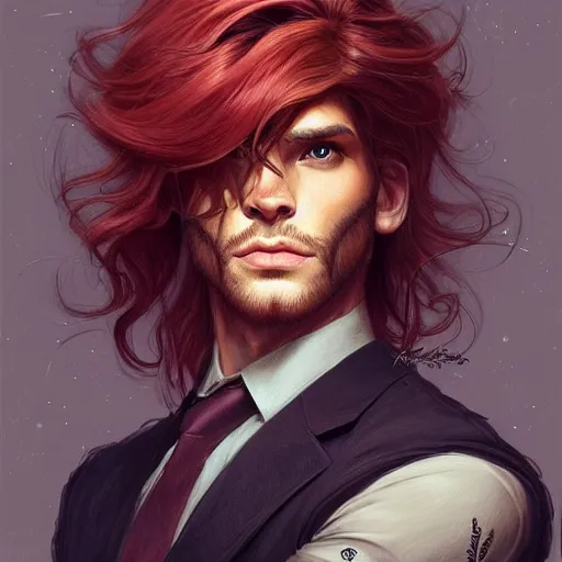 Image similar to portrait of a panther with a humanoid face, male, handsome, masculine, full body, red hair, long hair, soft hair, fantasy, intricate, elegant, highly detailed, suit, coffee shop, digital painting, artstation, concept art, character art, smooth, sharp focus, illustration, art by artgerm and greg rutkowski and alphonse mucha