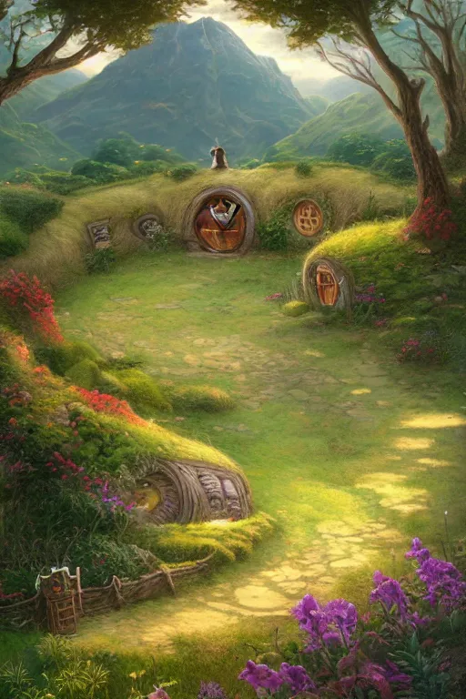 Prompt: beautiful matte painting of a hobbit house beautiful grassy hills by brian kesinger and bridget bate tichenor, thomas kinkade
