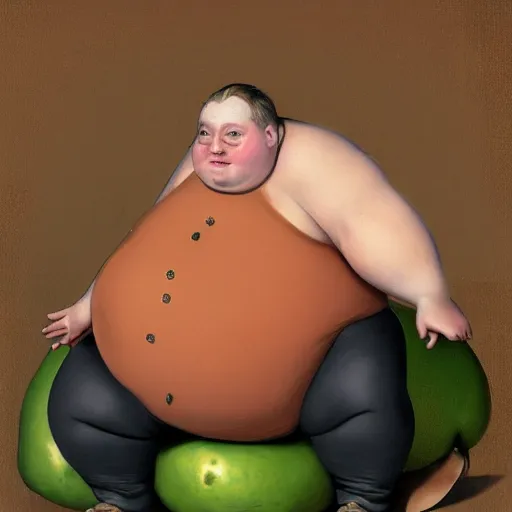 Prompt: highly detailed portrait of a grossly obese flamboyant man who is shaped like a pear artstation he is sitting down for a lavish feast of only vegtables, 8 k, sfx, john singer sargent.