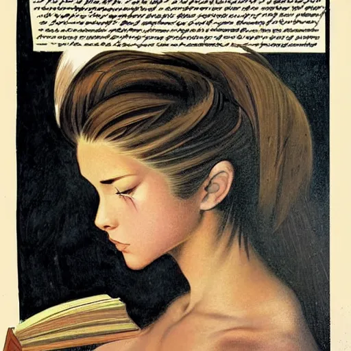 Image similar to a girl reading book, hair flowing down, in the style of Frank Frazetta, Jeff Easley, Caravaggio, extremely clear and coherent, clear lines, 8K revolution