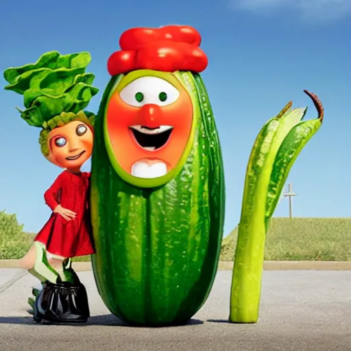 Prompt: larry the cucumber from veggie tales and he has tall humanoid legs and high - heels