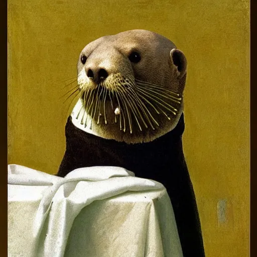 Prompt: a sea otter with a pearl earring, by Johannes Vermeer