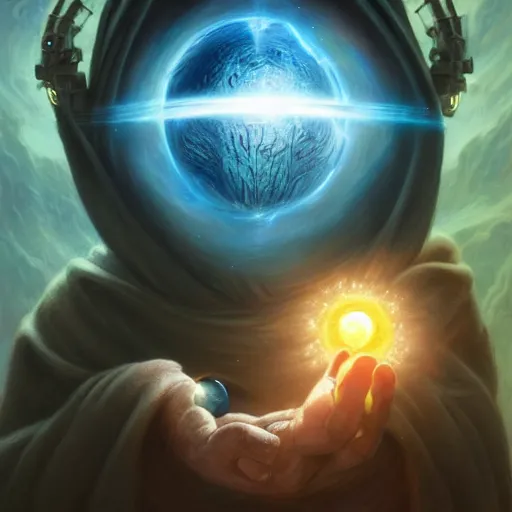 Image similar to the creator of worlds wearing a cloak and holding a holographic planet projection in his hand, detailed, sci - fi, digital painting, artstation, sharp focus, illustration, ominous, artgerm, tomasz alen kopera, peter mohrbacher, donato giancola, joseph christian leyendecker, wlop, frank frazetta