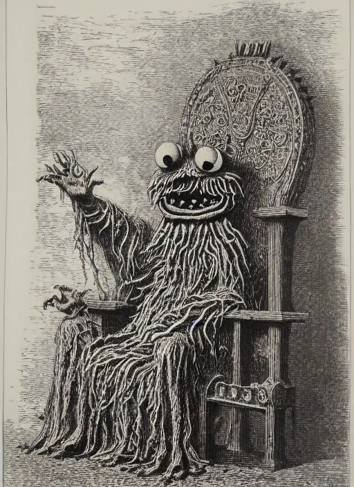 Image similar to cookie monster sitting on a throne, demon from the dictionarre infernal, etching by louis le breton, 1 8 6 9, 1 2 0 0 dpi scan, ultrasharp detail, clean scan