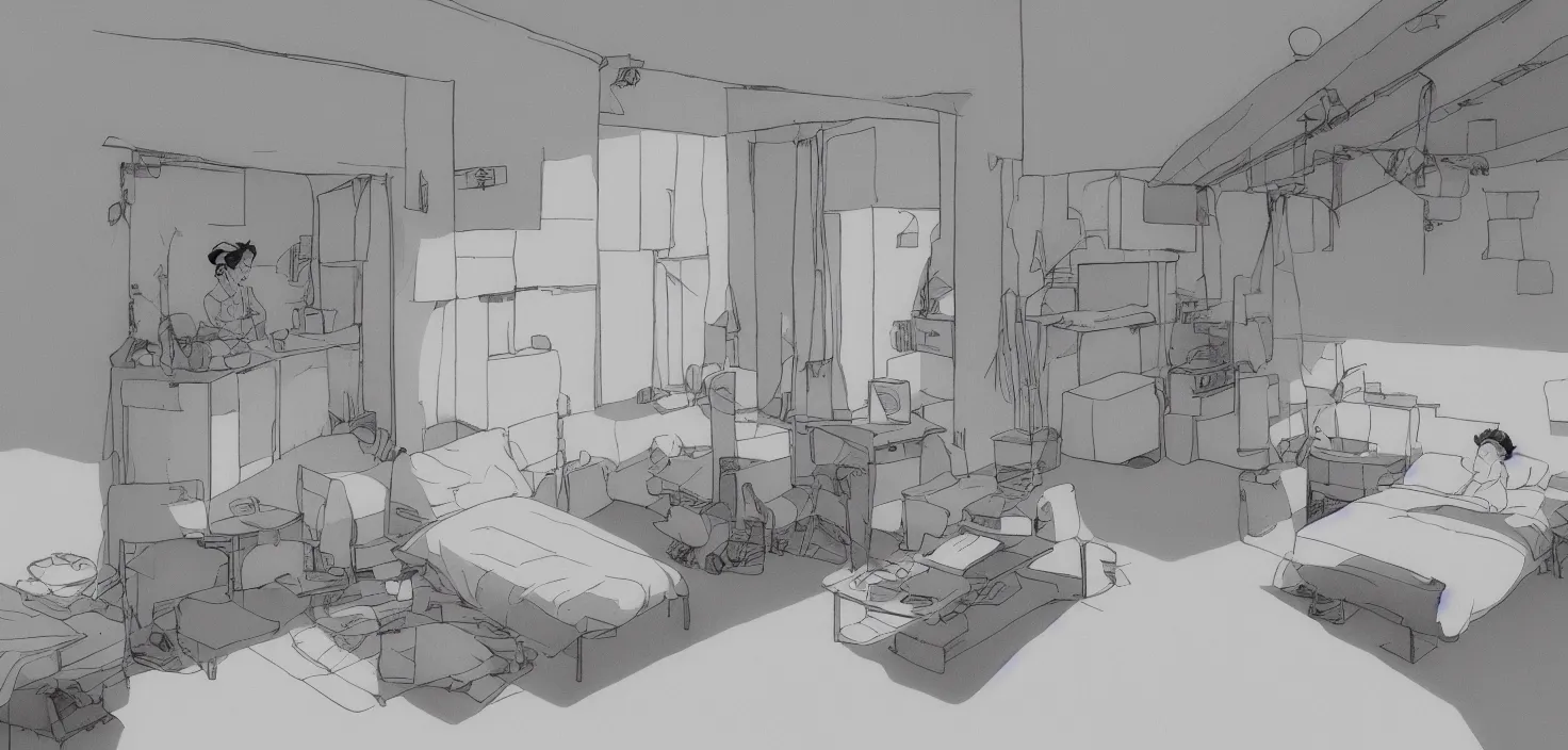 Prompt: studio ghibli illustration of a room, central perspective, liminal space all white minimal hotel room, white studio light, artstation, hiroaki samura, jiro matsumot, o yusuke murata, sharp focus high quality 8 k