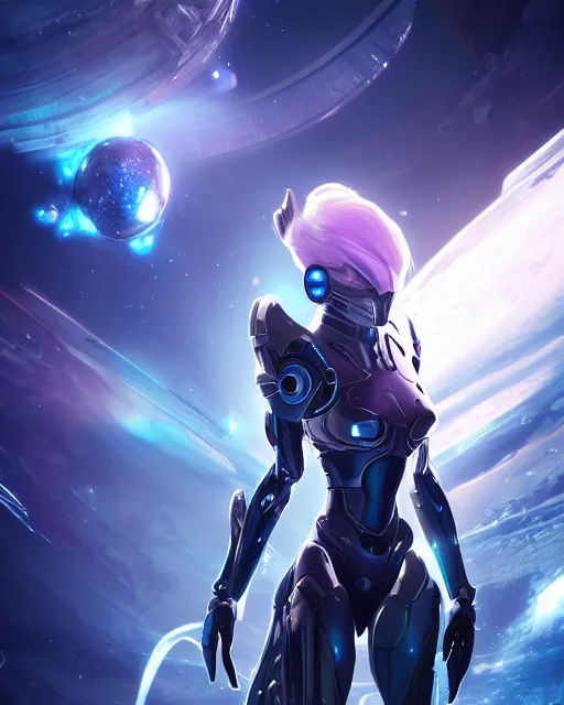 Image similar to perfect android girl on a mothership, warframe armor, beautiful face, scifi, futuristic, galaxy, nebula, raytracing, dreamy, long white hair, blue cyborg eyes, sharp focus, cinematic lighting, highly detailed, artstation, divine, by gauthier leblanc, kazuya takahashi, huifeng huang