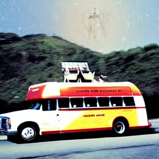 Prompt: retro photo of drunked elon musk driving bus, by hunter thompson