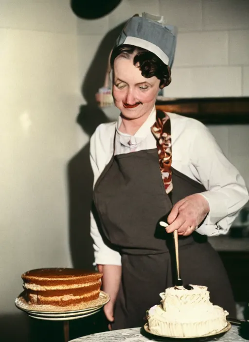 Image similar to a 35mm photograph of Hitler in an apron, dressed as a housewife, baking a cake, in the 1950's, bokeh, Canon 50mm, cinematic lighting, photography, retro, film, Kodachrome