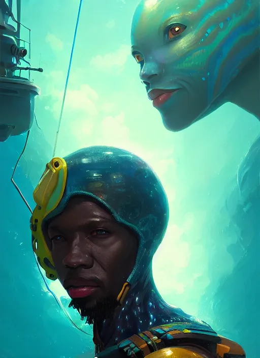 Prompt: portrait of a jamaican fisherman sci - fi glowing fishing armor muscular cyberpunk intricate elegant highly detailed digital painting artstation concept art, ocean background, jamaican colors, cinematic, greg rutkowski, loish, rhads, ferdinand knab, makoto shinkai and lois van baarle, ilya kuvshinov, rossdraws, tom bagshaw