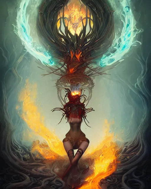 Image similar to liquid smoke and fire priestess, autumn overgrowth, ancient relic archaic burning inscriptions, peter mohrbacher, artgerm, ross tran