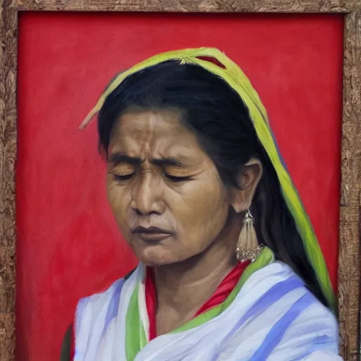 Prompt: a nepali woman wearing a white shawl, sad, oil painting