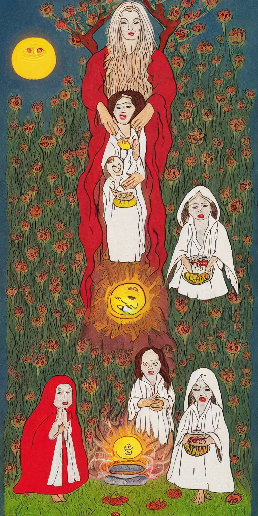 Image similar to small impish joyful creature in white robe with glowing eyes and sun ray flame hair holding lit matches and singing, three sisters visiting, The Queen in the Cave Children's book illustration, traditional folk art style, gouache on paper, outsider art, David Palladini, Mu Pan, Carson Ellis, Julia Sarda, tarot card, Henry Darger, Louis Wain