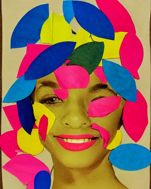 Image similar to cut and paste collage, 1 9 6 0 s, color block, flower petals, primary colors, ripped paper, a woman's face