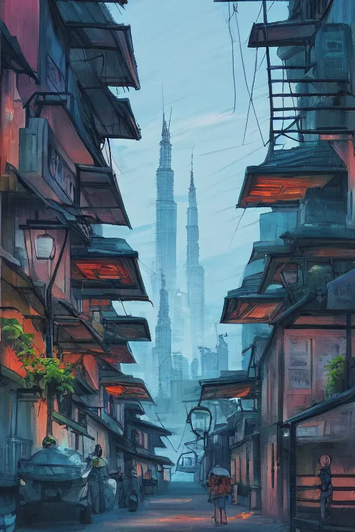 Image similar to backlane alley with kuala lumpur twin towers in the background, evening, studio ghibli, artstation