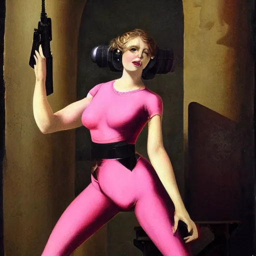 Prompt: Pink sci-fi woman with a gun. Classicism.