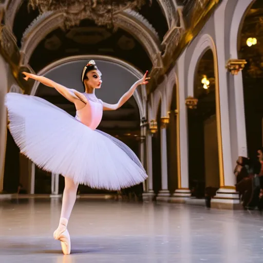 Image similar to a beautiful female performs ballet for a crowd of cameras, 5 0 mm lens, f 1. 4, sharp focus, ethereal, emotionally evoking, head in focus, volumetric lighting, 8 k