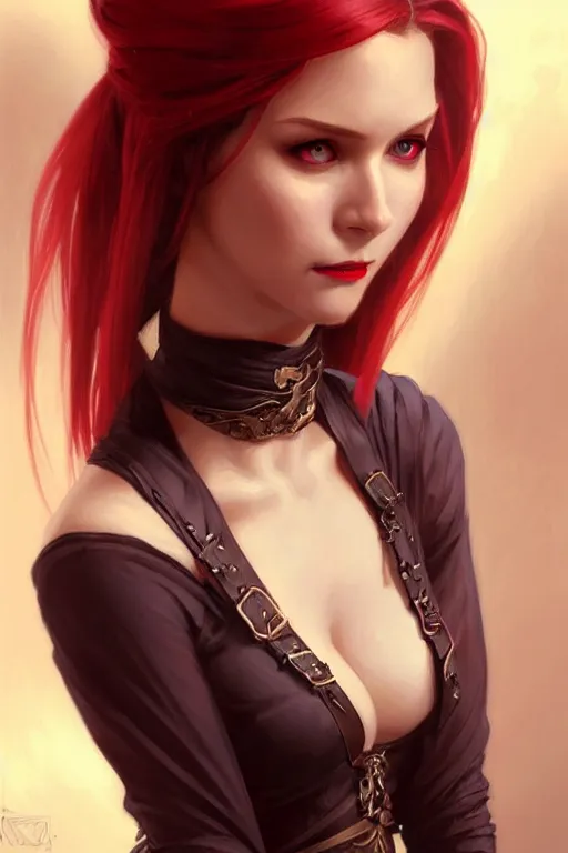 Prompt: Portrait of seductive female rogue, D&D, revealing stylish dress, choker on neck, long blonde or red hair, mouth slightly open, slight nerdy smile, fantasy, intricate, elegant, highly detailed, digital painting, artstation, concept art, smooth, sharp focus, illustration, art by artgerm and greg rutkowski and alphonse mucha