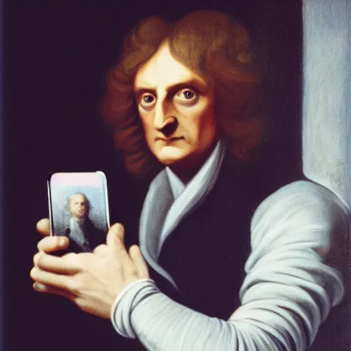 Image similar to Isaac Newton taking a selfie. CineStill