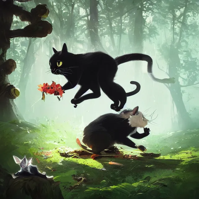 Image similar to a beautiful painting of a cute black cat catching a mouse in a forest. character design by cory loftis, fenghua zhong, ryohei hase, ismail inceoglu and ruan jia. artstation, volumetric light, detailed, photorealistic, rendered in octane