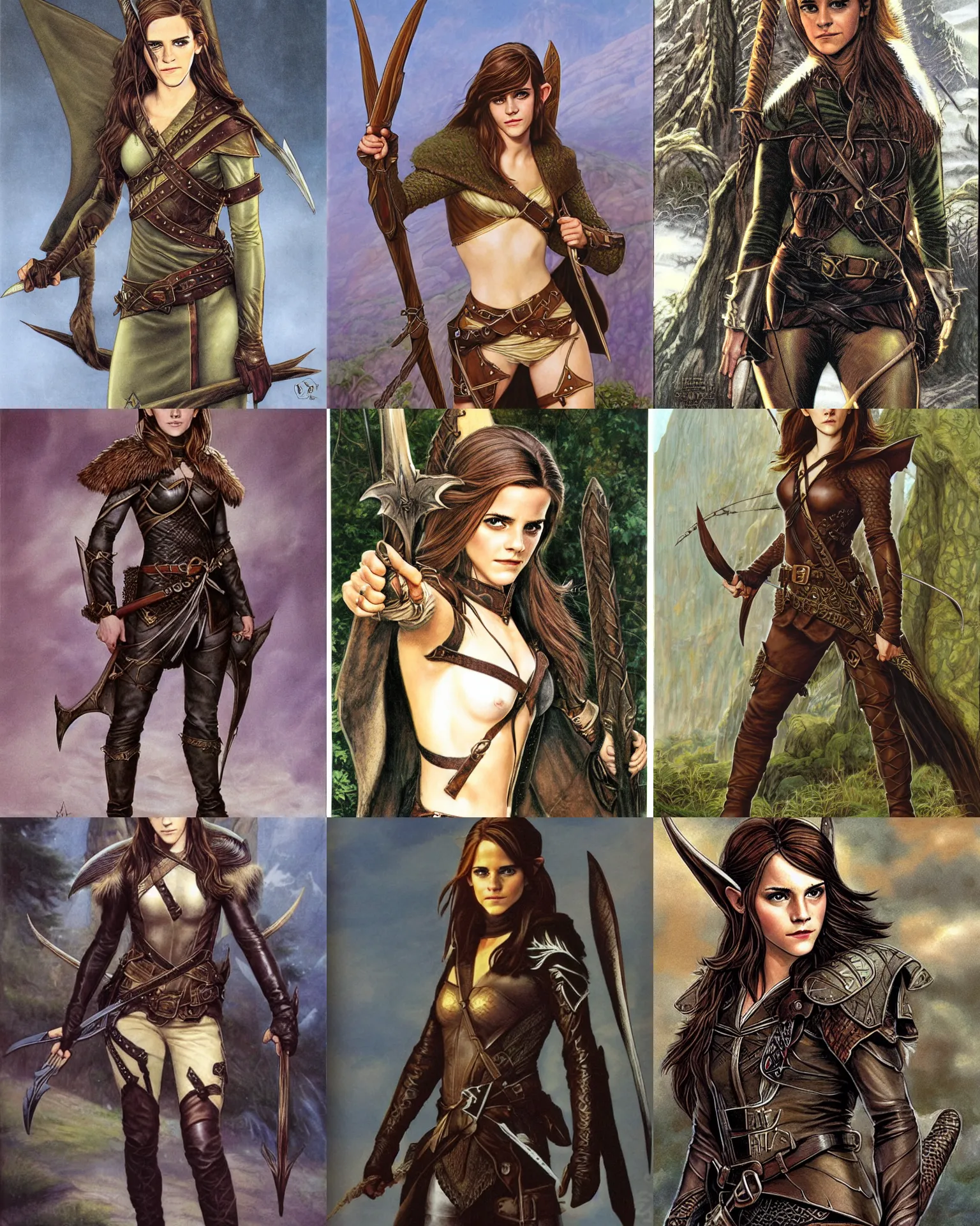 Prompt: emma watson as elven female ranger, dark hair, leather armor, portrait by larry elmore, dnd