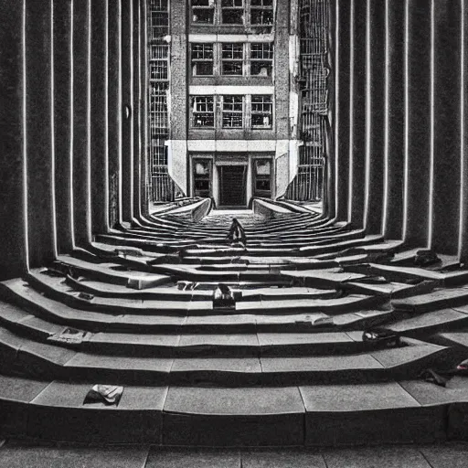 Image similar to “lost in a labyrinth that is Powell’s City of Books. Creepy liminal photo. Hyperrealistic, Photo taken by M.C. Escher. benchmark resolution photo”