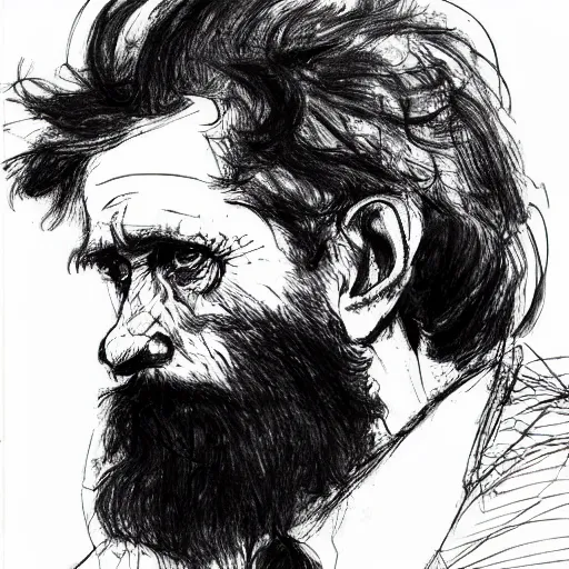 Image similar to a realistic yet scraggly portrait sketch of the side profile of a stern and sophisticated willem dafoe with a beard, trending on artstation, intricate details, in the style of frank auerbach, in the style of sergio aragones, in the style of martin ansin, in the style of david aja, in the style of mattias adolfsson