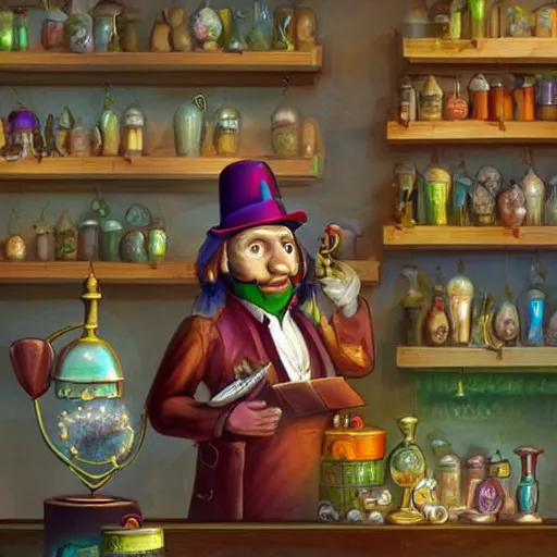 Image similar to Anthropomorphized parrot trader in his shop, shelves full, shining warm lamp, shelves full, selling a gem, portrait, items, magic potions, carpet, window, fancy funny hat, sly expression , cunning expression, cute expression, presenting magic gem, D&D, fantasy, cinematic lighting, highly detailed, digital painting, artstation, concept art, smooth, sharp focus, illustration, warm light, cozy warm tint, magic the gathering artwork, volumetric lighting, 8k, no gold, no gold colours, art by Akihiko Yoshida, Greg Rutkowski