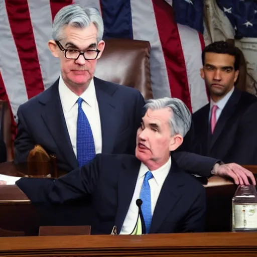 Image similar to jerome powell fighting himself in front of congress