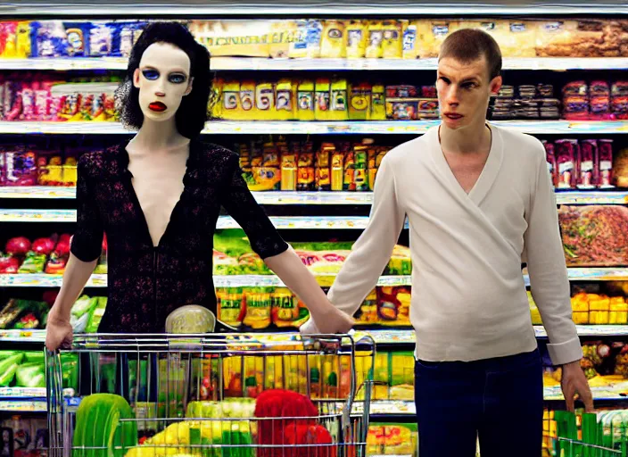 Prompt: 28mm photo of a woman and man in supermarket, in the style of David cronenberg ,scary, weird, high fashion, ID magazine, vogue magazine, homes and garden magazine, surprising, freaky, freak show, realistic, sharp focus, 8k high definition, medium format film photography, photo realistic, insanely detailed, intricate, elegant, art by yoshitaka amano and David kostic and stanley lau and artgerm