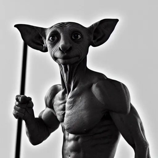 Prompt: Dobby is a jacked muscle builder gigachad, grayscale photography