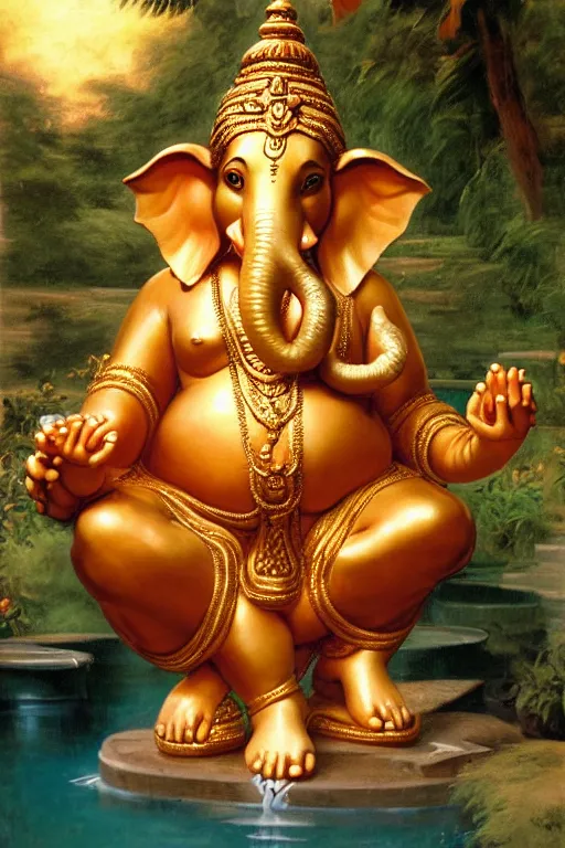 Image similar to Lord Ganesha, golden hour, near a tropical pool, artstation, by J. C. Leyendecker and Peter Paul Rubens,