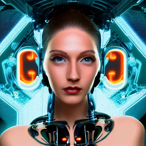 Image similar to an extremely beautiful biomechanical female robot with large emoji tattoos, twins, neon jacuzzi, oppai cyberpunk, chimeric organism, holodeck, pale skin, organic polycarbon, glowing blue eyes, full frontal portrait, highly detailed, transhumanist hydration, symmetrical, priestess, mechanical, mendelbrot fractal, ray tracing, hyperdetailed, hyperrealistic, zdislaw beksinski, trending on artstation, octane render, hdr, uhd 4k