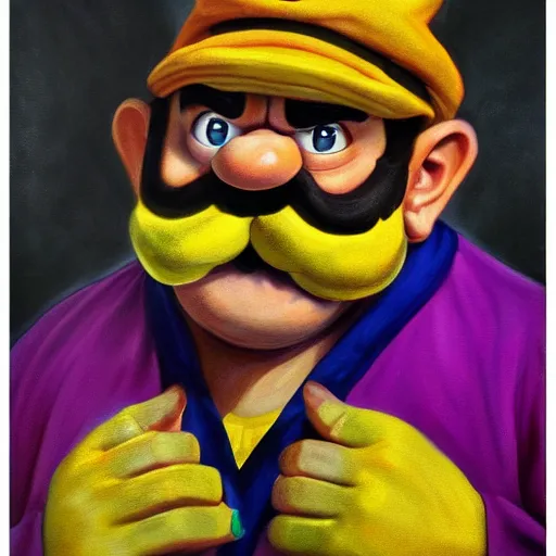 Prompt: wario from the mario series oil painted self - portrait ( greatly painted, beautifully painted by a renowned artist, greatly detailed. good quality painting, uhd, 4 k )