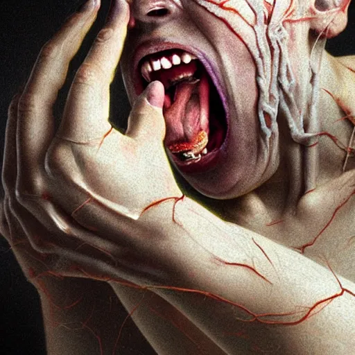 Image similar to female human screaming in pain while her skin crackles, arteries and bones and veins and nerves and muscles visible, beautiful detailed intricate insanely detailed octane render, 8K artistic photography, photorealistic, chiaroscuro, by David Cronenberg, Raphael, Caravaggio