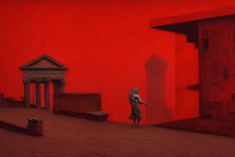 Image similar to only with red, caesar after war, the great deal, a red tiger, in hoc signo vinces, rome in background, an ancient path, in the style of beksinski, part by hopper, part by rodcenko, part by hofbauer, intricate composition, red by caravaggio, insanely quality, highly detailed, masterpiece, red light, artstation