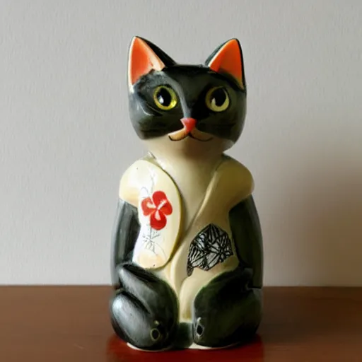 Image similar to demure anthropomorphic cat figurine wearing a kimono