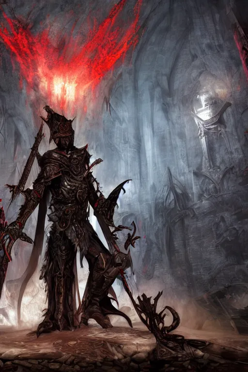 Image similar to Path of Exile, Sirius, bronze face, red eyes, male image with bronze black armor, sitting on the throne, inside the ruined gothic church, black shadows, dark red bloody fog fly around, [[blood]], Anachronism, painting, dark fantasy, steampunk, 4k, perfect quality,